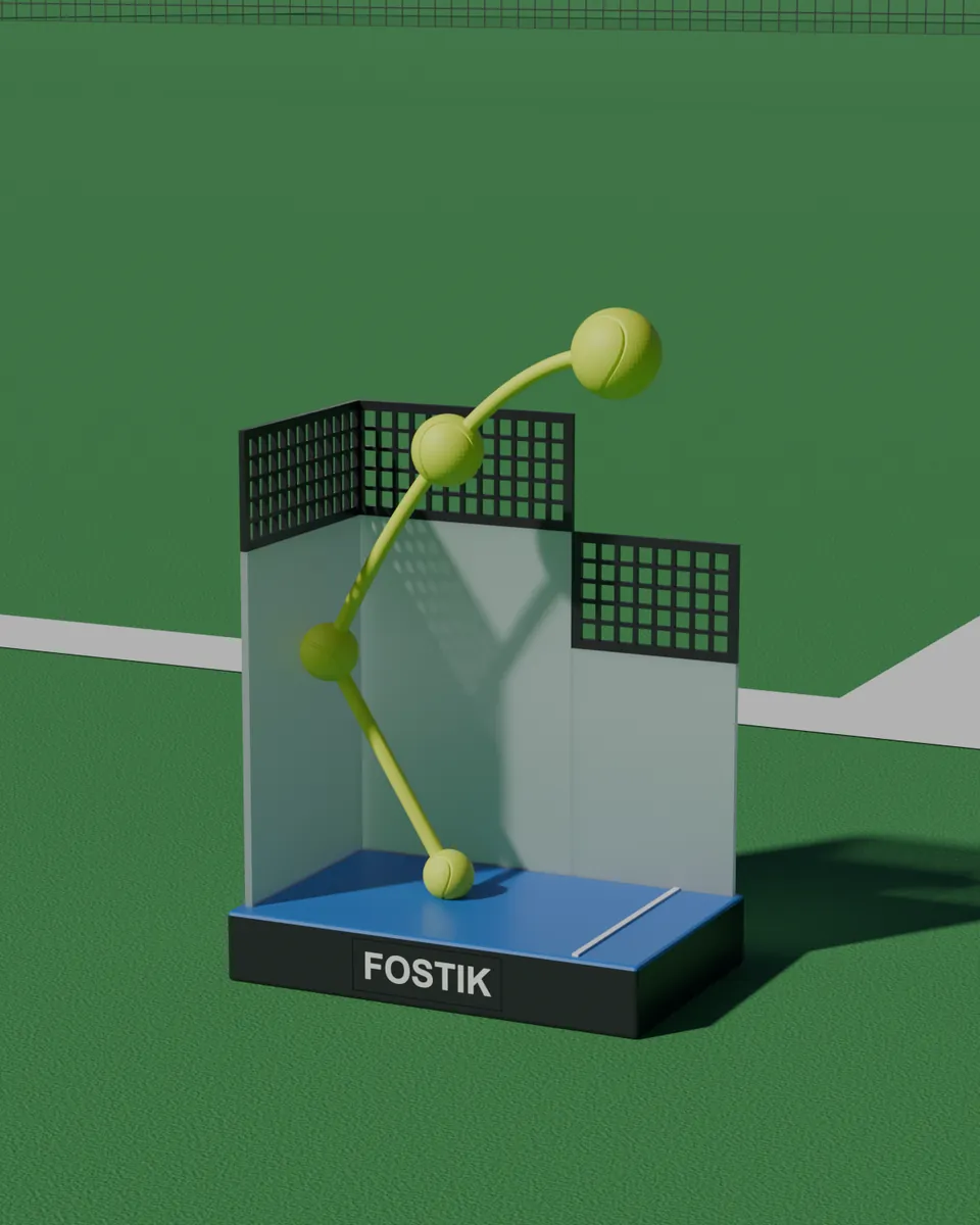 Trofeo con la esquina de una pista y la trayectoria de la pelota rebotando en la pared, sobre una pista verde